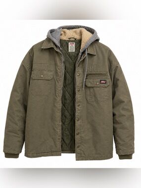 Dickies Men L Sherpa Lined Hooded Work Jacket Olive Green Canvas Utility Coat